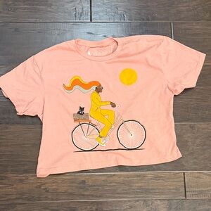 Meow Wolf Crop Top Ladies' Pink Graphic with Bicycle Motif